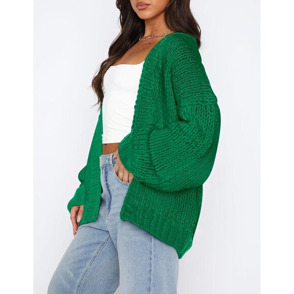 Womens Trendy Cardigan Sweaters Green Long Sleeve Chunky Knit Outfits - Picture 3 of 8